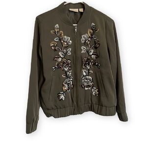 CHICOS Embroidered Olive Green Jacket